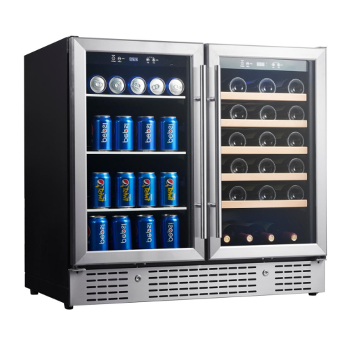 Customizable Dual Zone Wine & Beverage Cooler with Double Door - Left Side for Wine with Wooden Shelves and  Right Side for Beverage with Glass Shelves