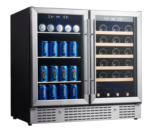 Customizable Dual Zone Wine & Beverage Cooler with Double Door - Left Side for Wine with Wooden Shelves and  Right Side for Beverage with Glass Shelves