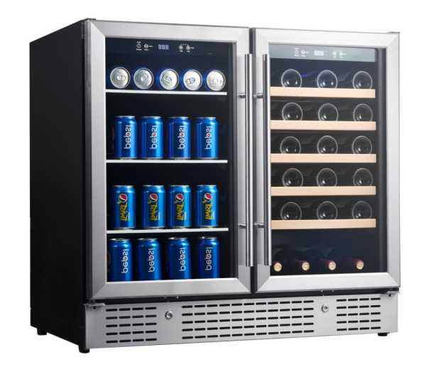 Customizable Dual Zone Wine & Beverage Cooler with Double Door - Left Side for Wine with Wooden Shelves and  Right Side for Beverage with Glass Shelves