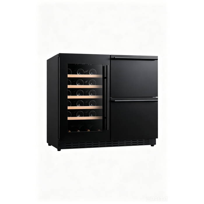 Black Versatile 190L Standalone Refrigerator: Wine Cooler Left, Spacious Storage Drawers Right