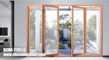 Western Fresh Style Wood Veneer Color Aluminum Glass Patio Door For Villa Project
