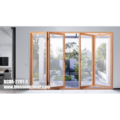 Western Fresh Style Wood Veneer Color Aluminum Glass Patio Door For Villa Project