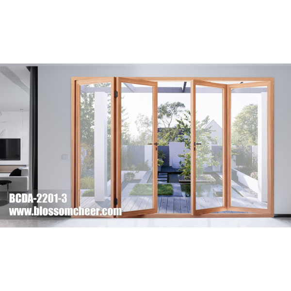 Western Fresh Style Wood Veneer Color Aluminum Glass Patio Door For Villa Project