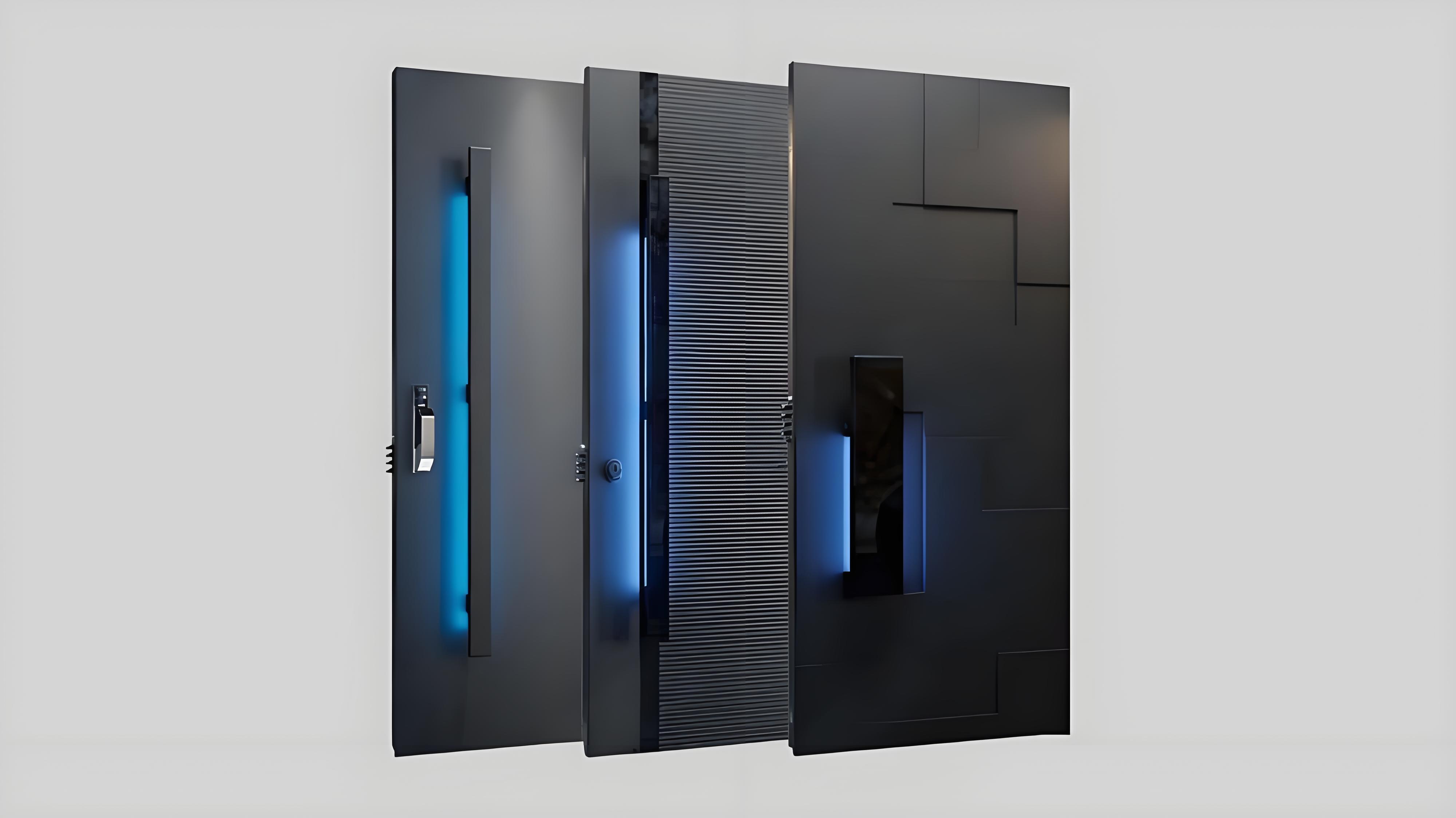 Modern aluminum pivot entrance doors in sleek black finishes with different textures and integrated LED lighting, showcasing contemporary design and precision craftsmanship for luxury villas and commercial projects.