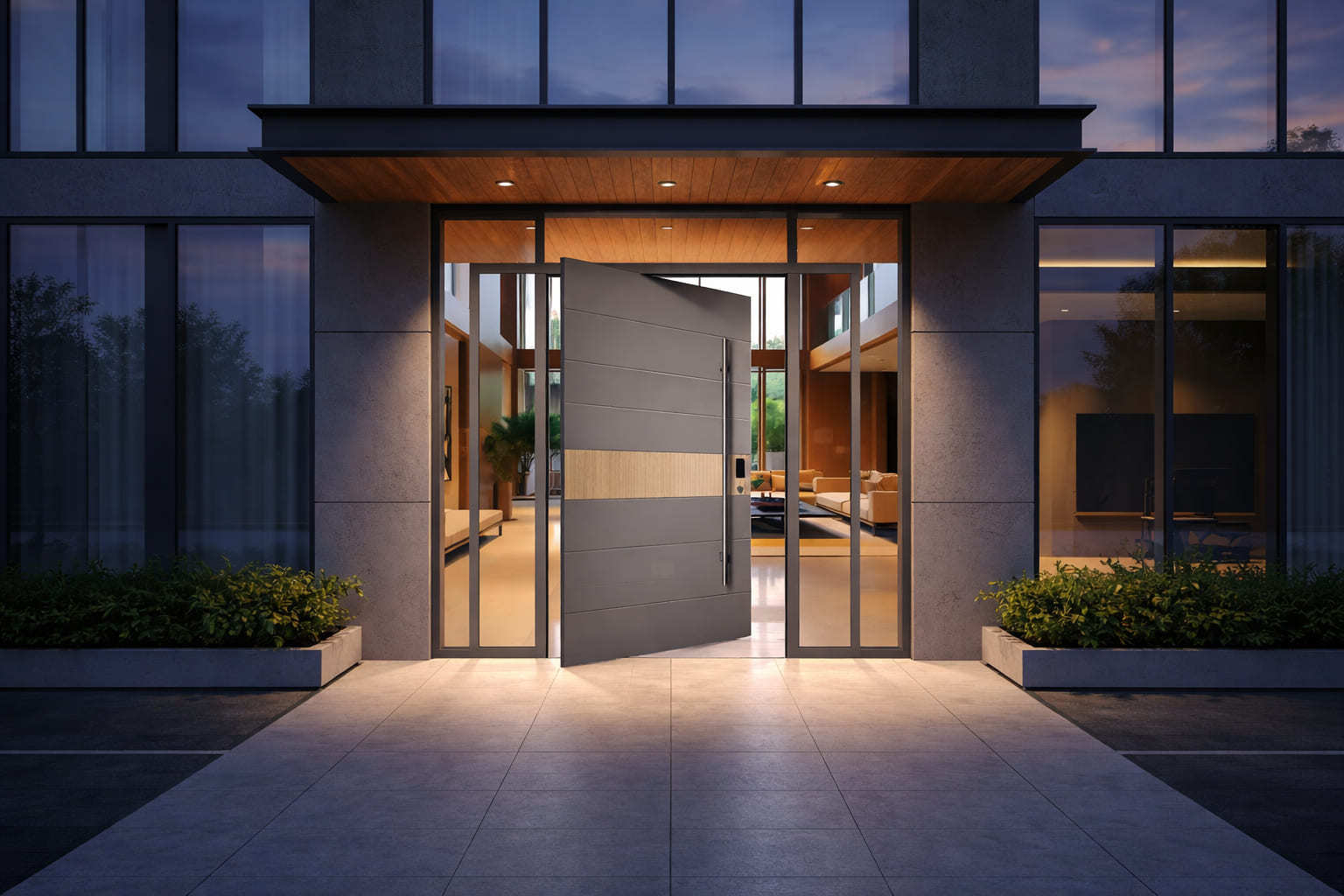 Современная алюминиевая поворотная дверь с минималистичной серой отделкой и ручкой во всю высоту создает эффектный и роскошный вход в виллы, квартиры и коммерческие объекты.