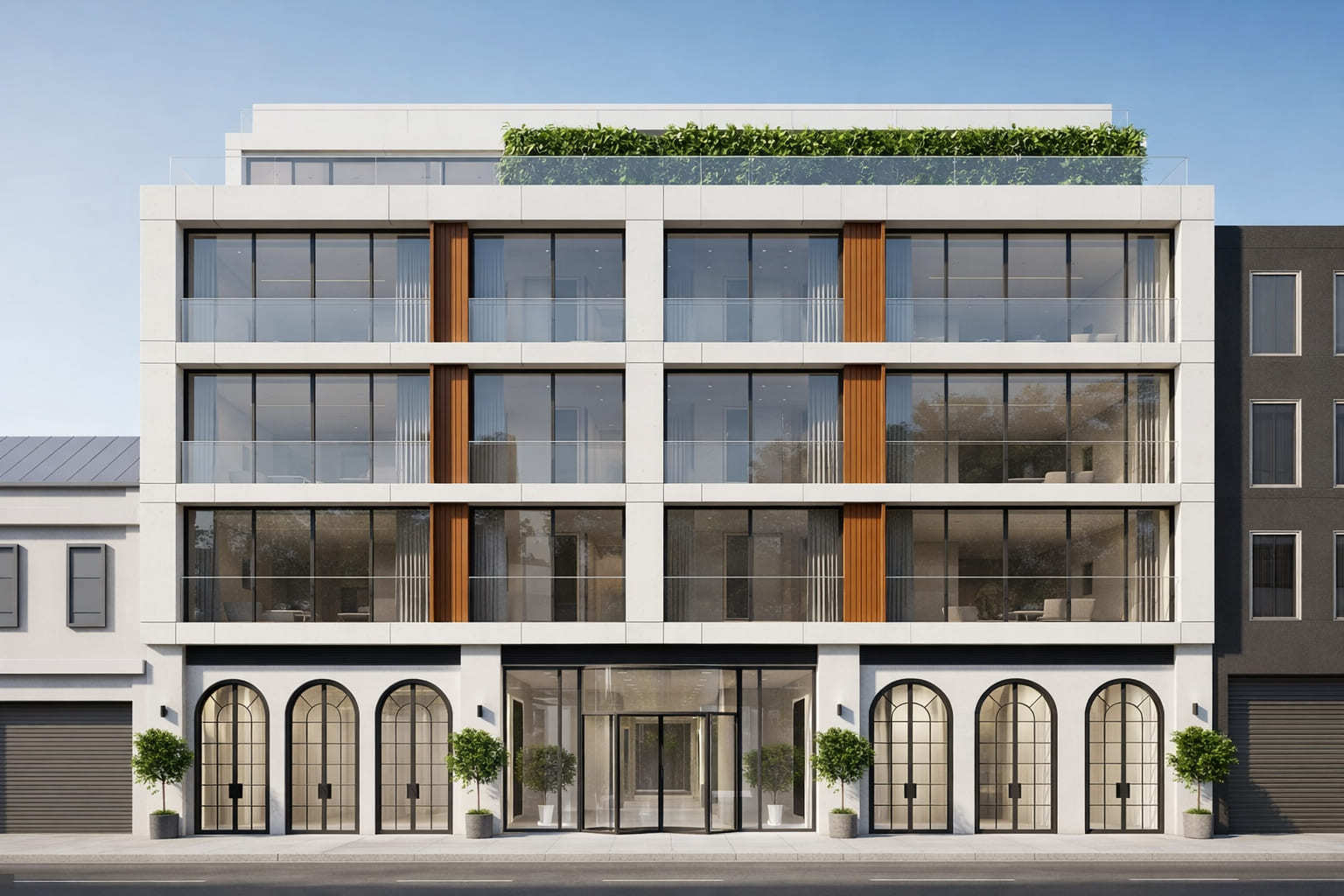 modern commercial building facade showing custom French doors and sliding glass doors 