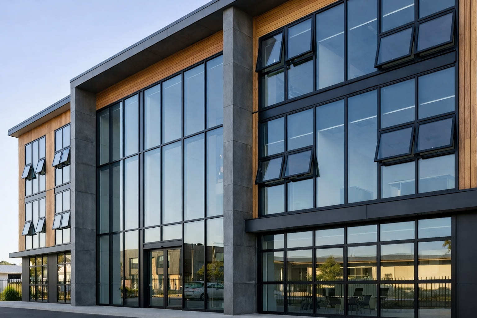 Архитектурная визуализация фасада современного коммерческого здания, на котором изображены большие секции неподвижных черных алюминиевых окон, органично интегрированных с меньшими, стратегически расположенными алюминиевыми откидными окнами для вентиляции.