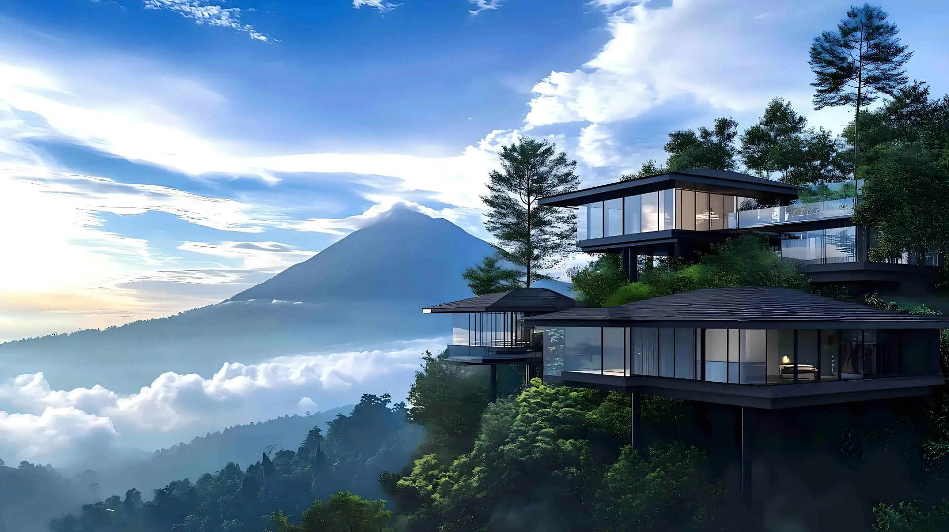 Modern hillside residence with floor-to-ceiling windows