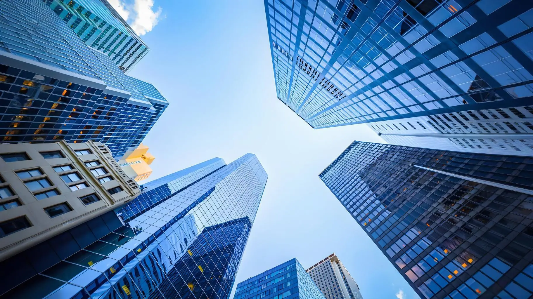 Glass office towers viewed from below
