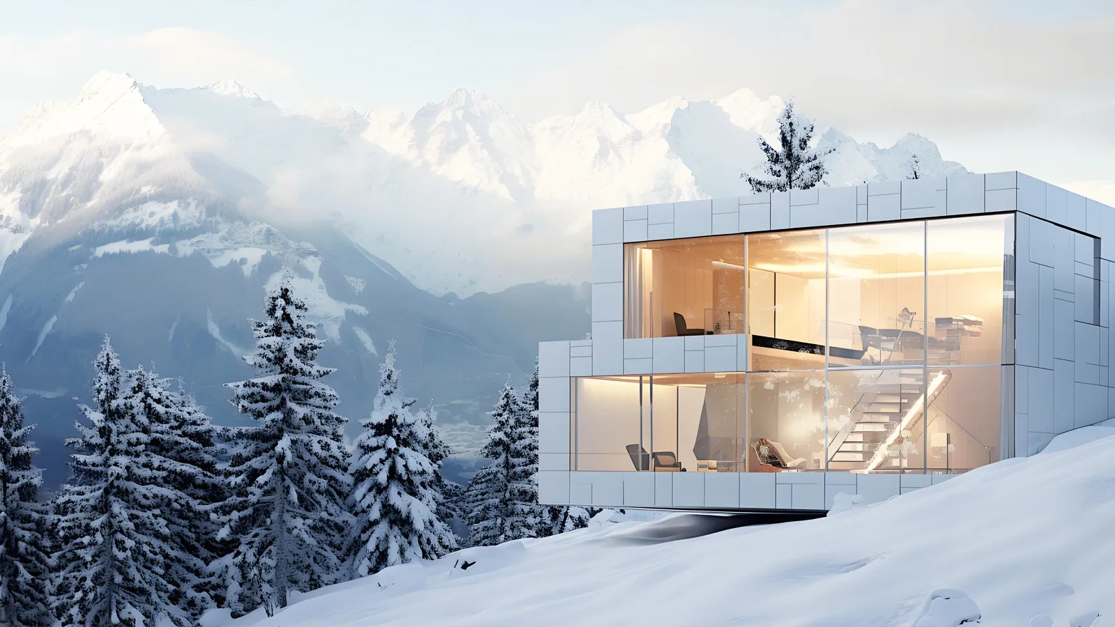 Contemporary glass house in a snowy mountain setting