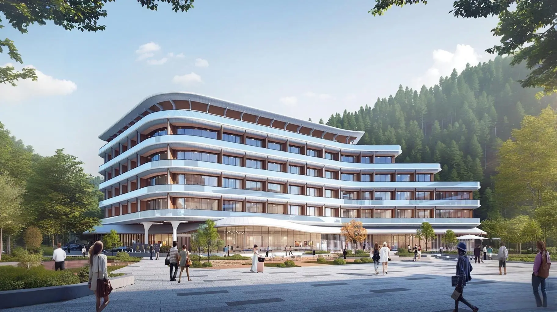 Multi-storey hotel beside wooded hills