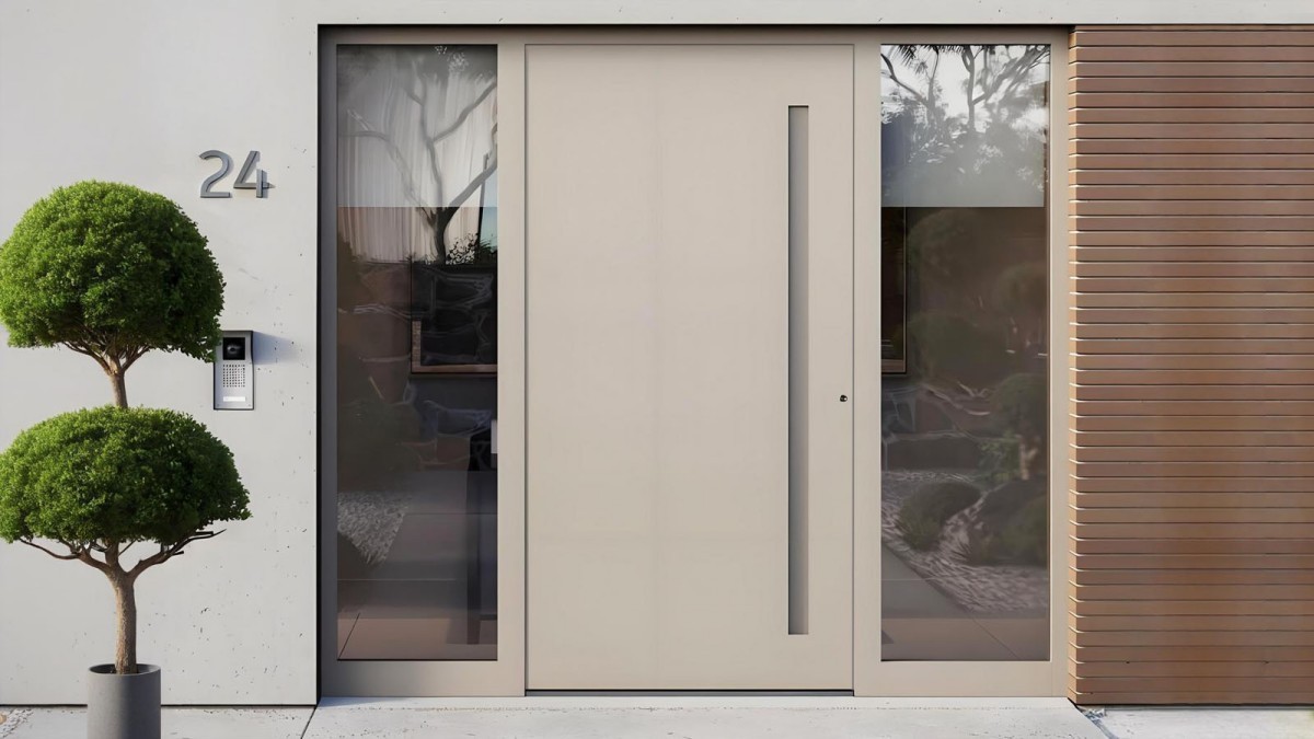 Architectural Minimalist Flat Panel Aluminum Door in ivory finish
