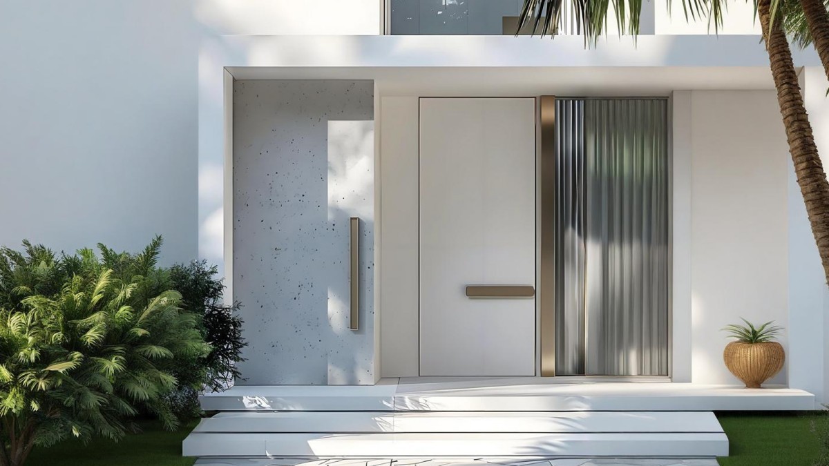 Ivory flat panel aluminum door in bright villa entry