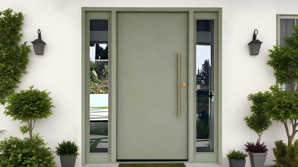 Sage flat panel aluminum door with vertical pull handle