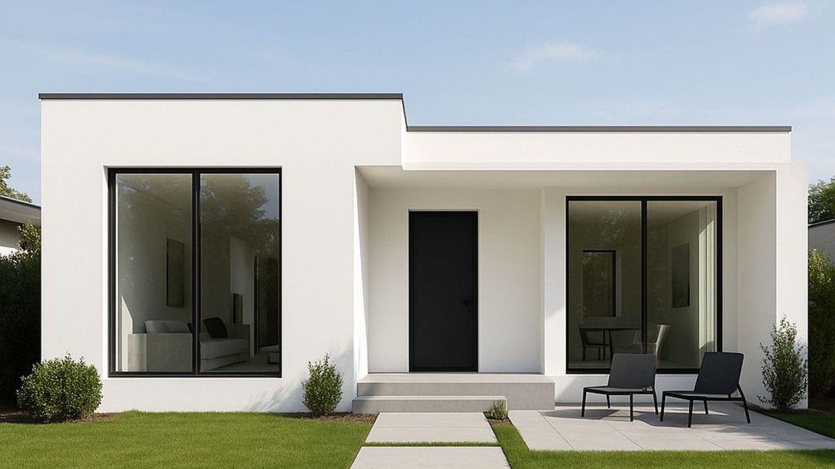 Matte black flat panel aluminum door on white modern villa