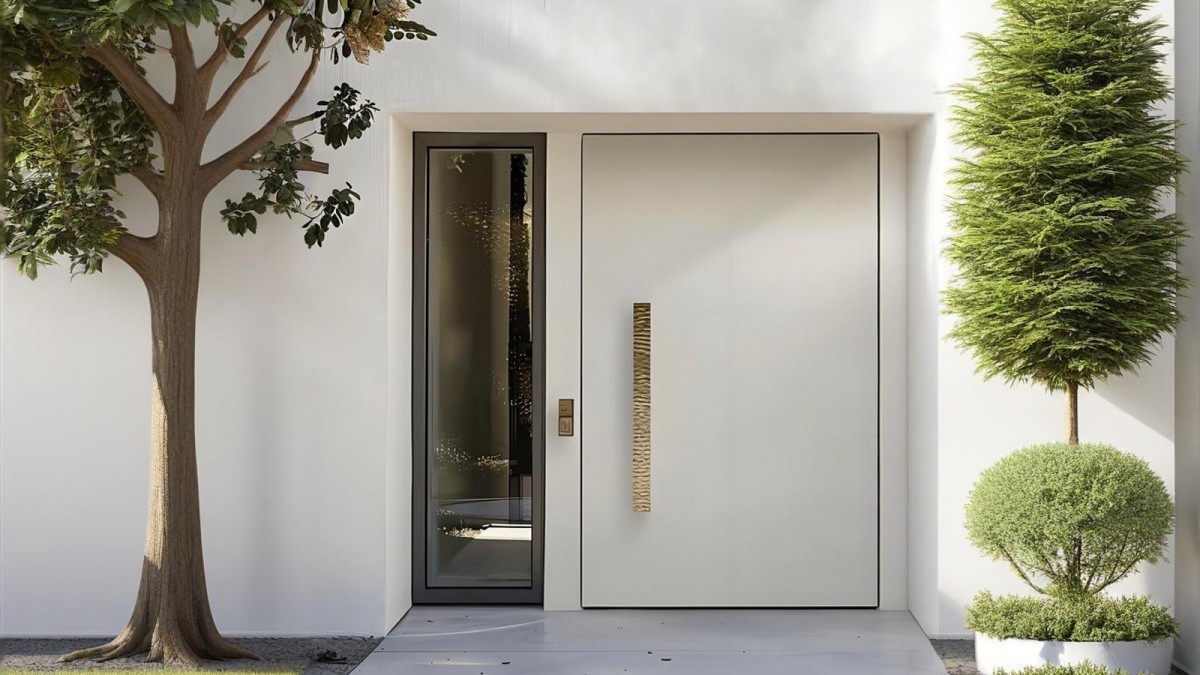 White flat panel aluminum door with gold vertical pull