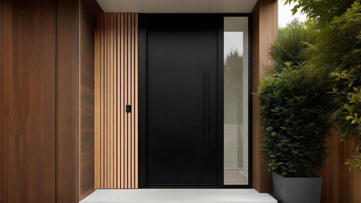 Black flat panel aluminum door with warm wood cladding