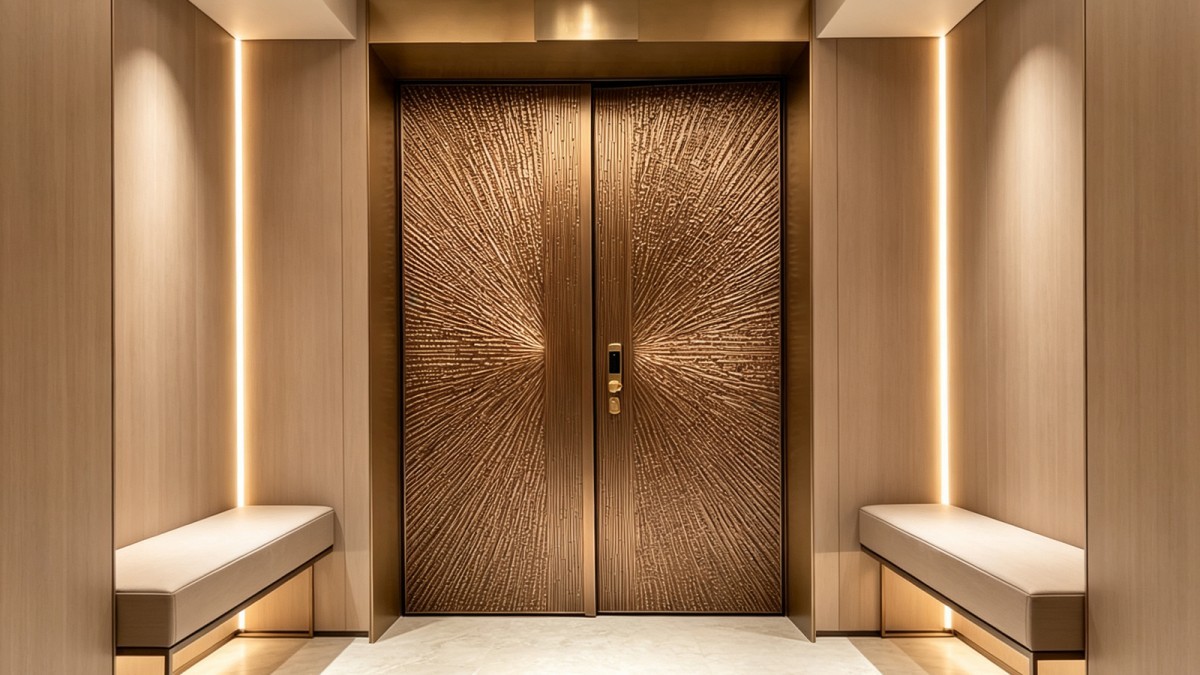 Custom veneered aluminum entry door with natural material finish