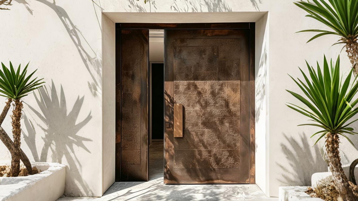 Luxury aluminum entry door with refined veneer detailing