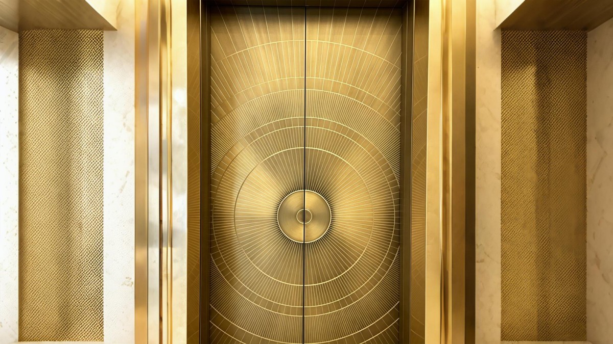 Natural veneer cast aluminum entrance door in architectural setting