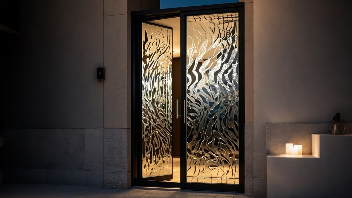 Luxury cast aluminum door with deep natural veneer surface