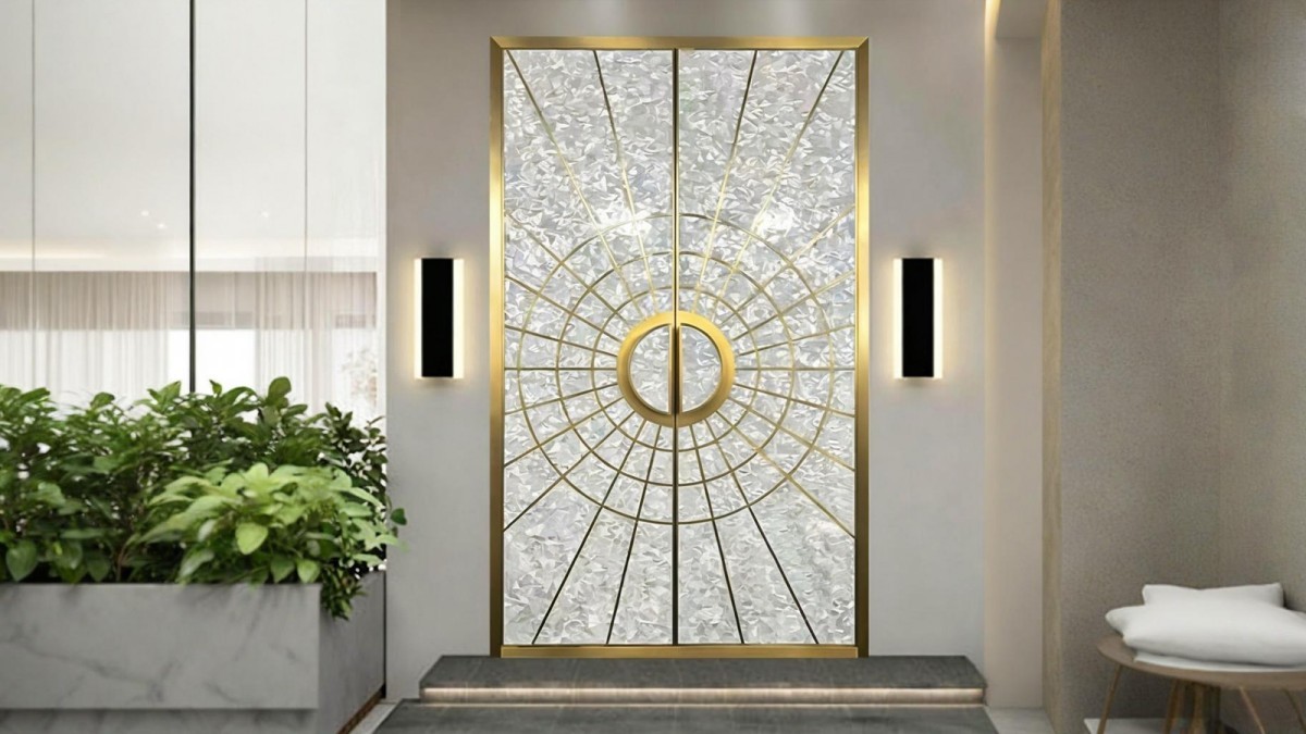 Modern high-end entry door with shell or wood veneer finish