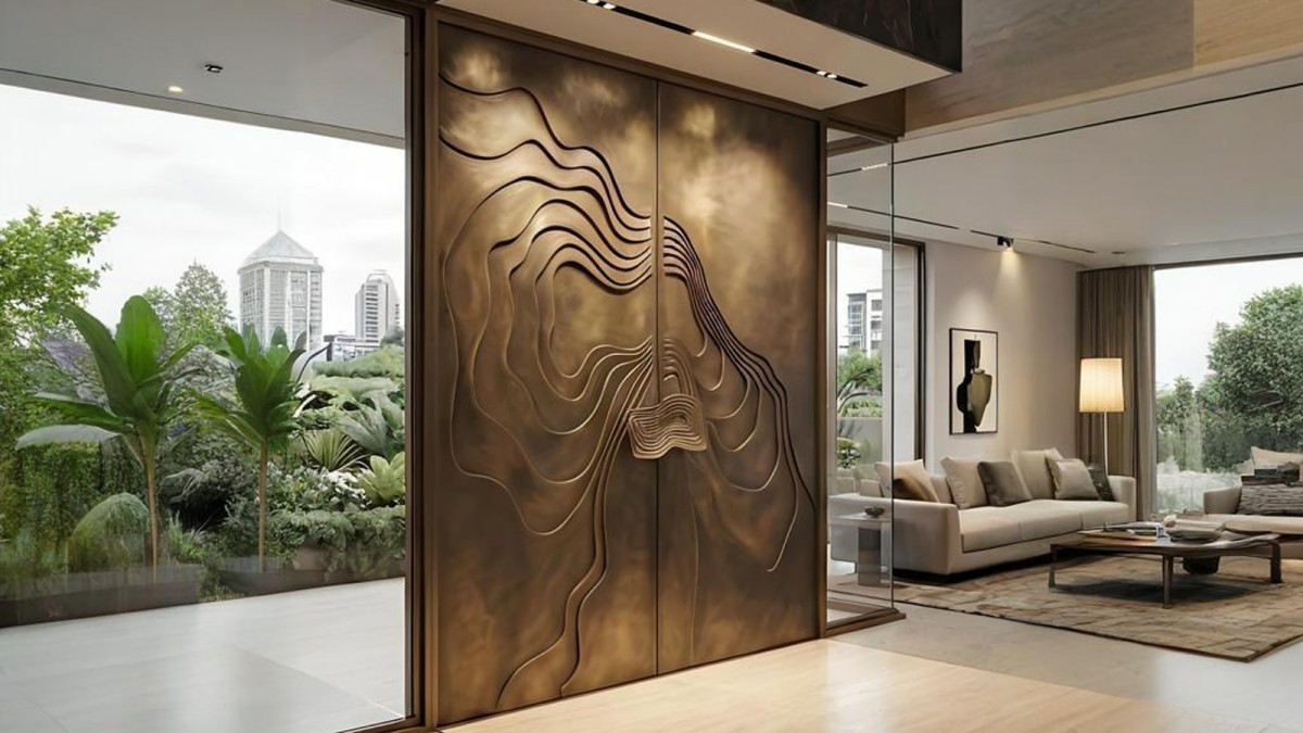 Custom relief engraved aluminum entry door with geometric carving