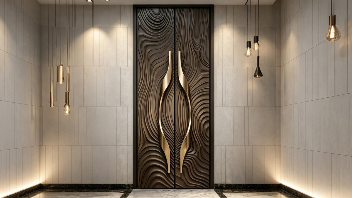 Dark tone relief engraved cast aluminum door for a premium facade