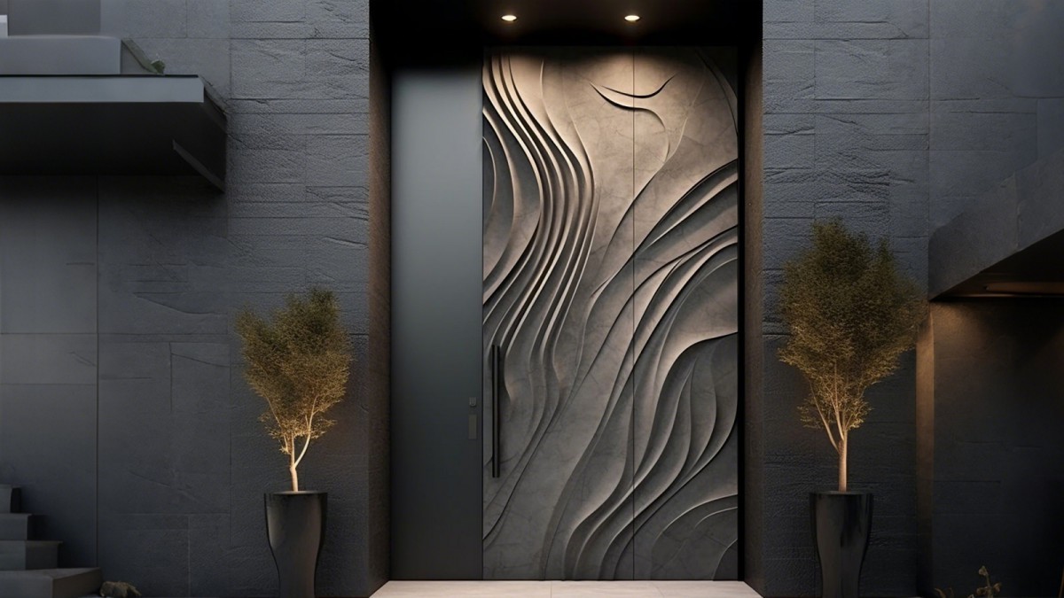 Architectural relief carved aluminum entrance door in project setting