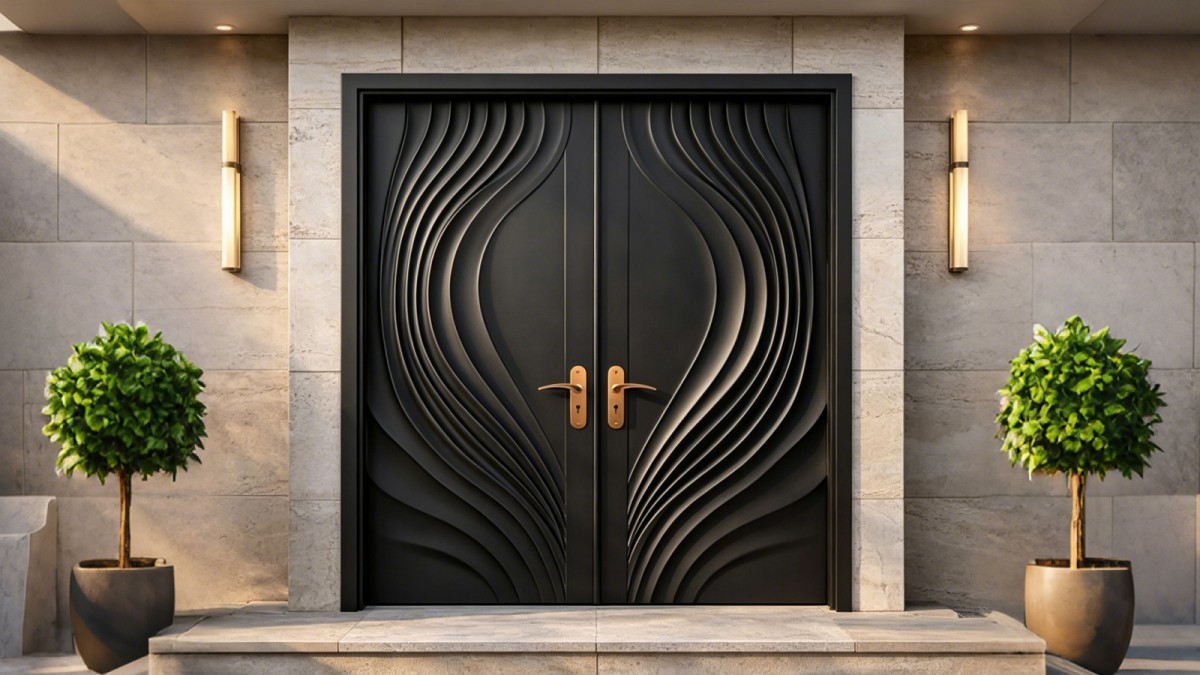 Relief engraved cast aluminum door with strong vertical pattern