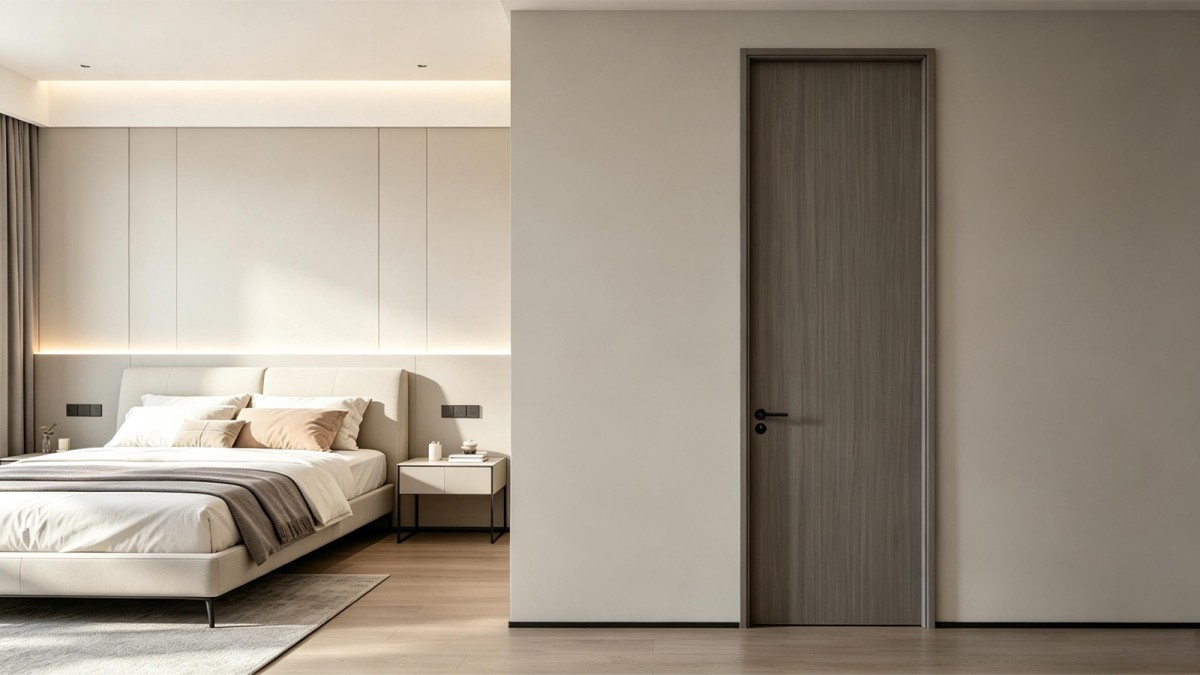 Grey wood grain melamine flat panel bedroom door