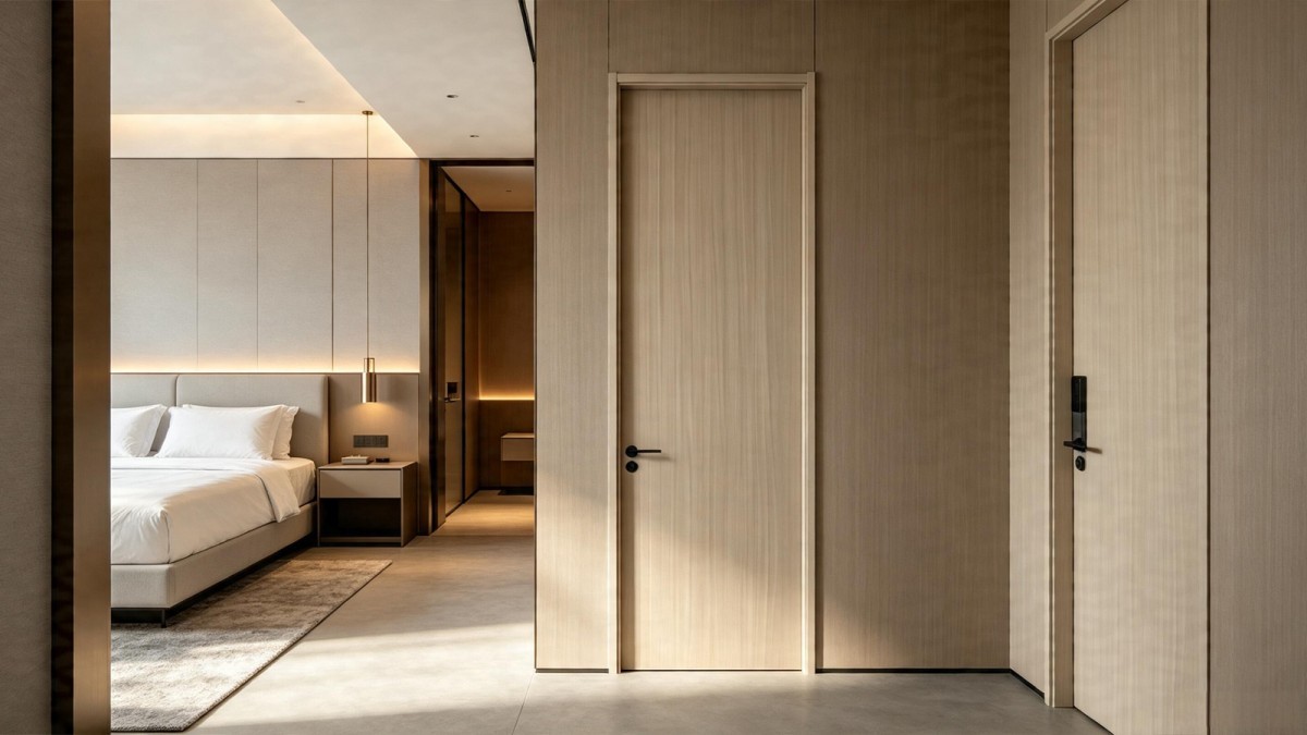 Light wood grain flat panel hotel room door