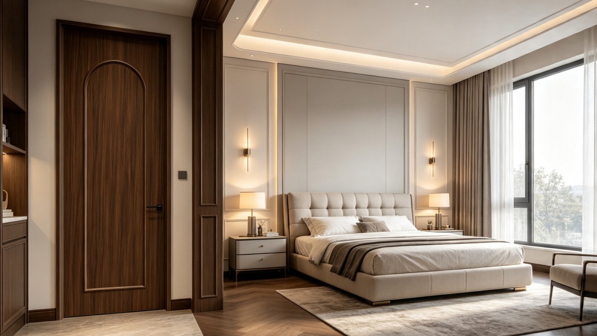 Paint-free interior wood door with decorative moulding lines
