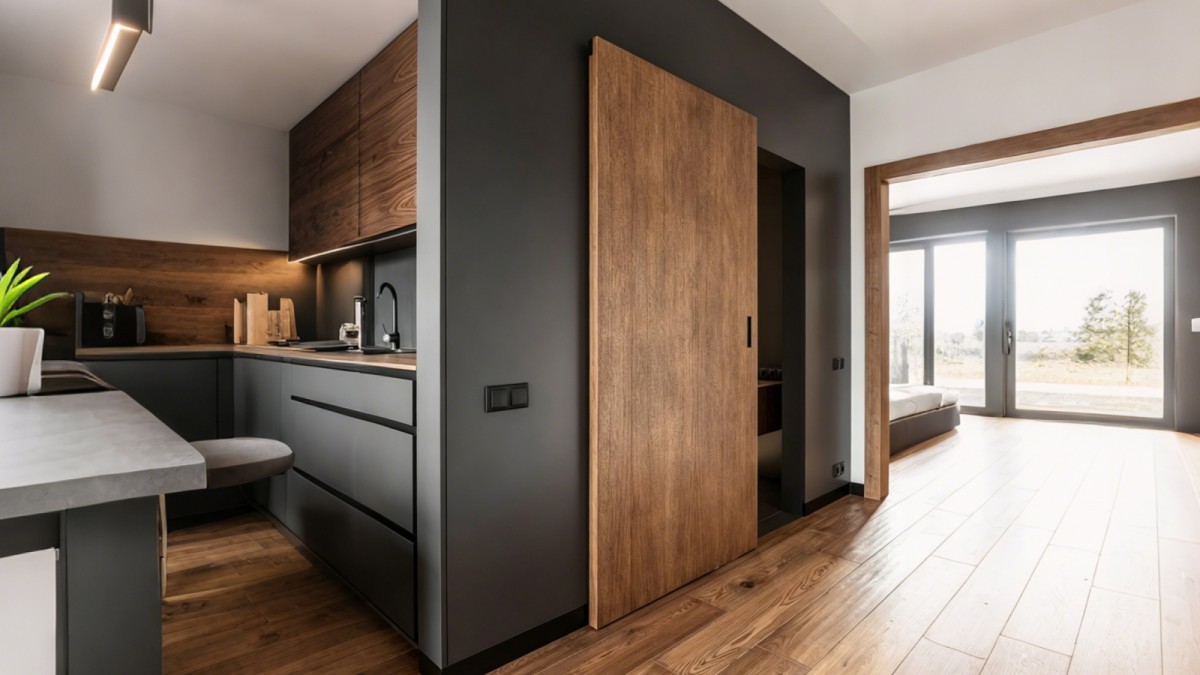 Wood grain ghost door beside a modern kitchen