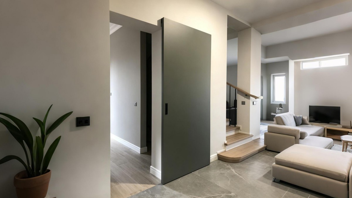Grey ghost door in a contemporary living room