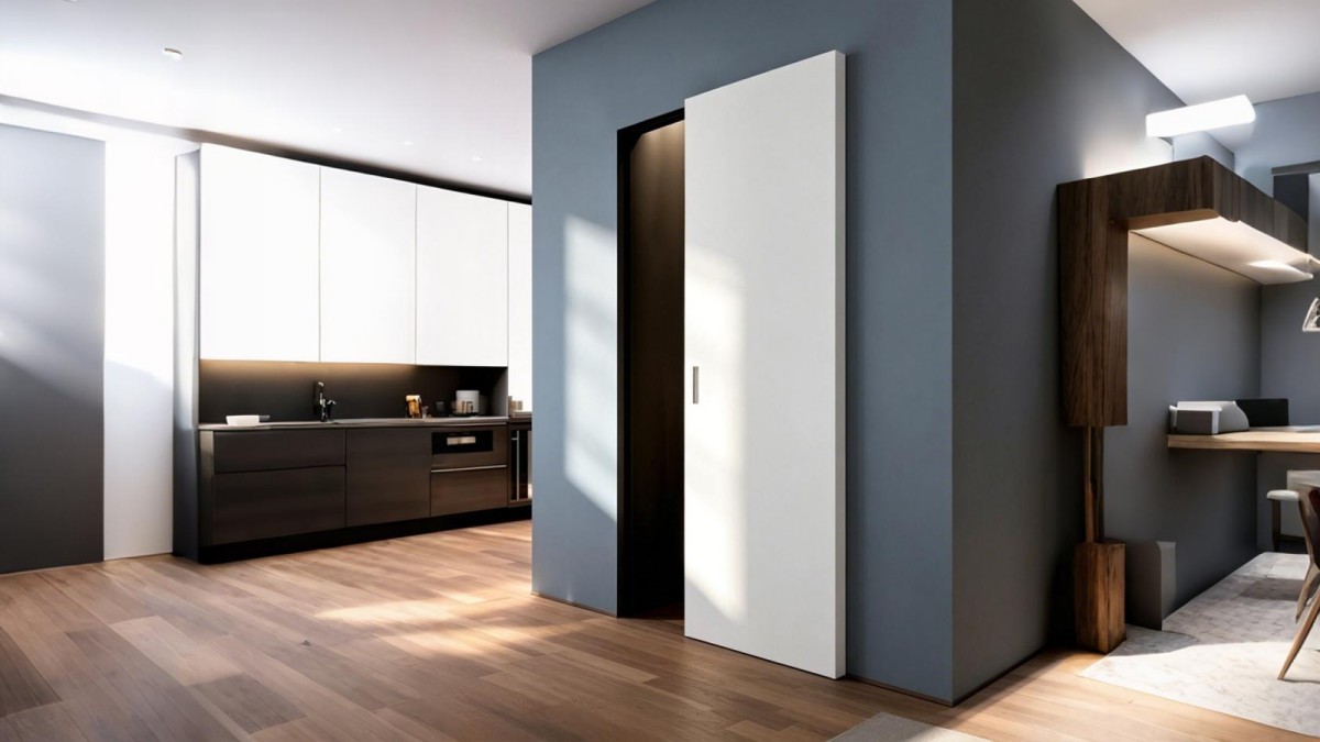 White ghost door connecting a kitchen and home office