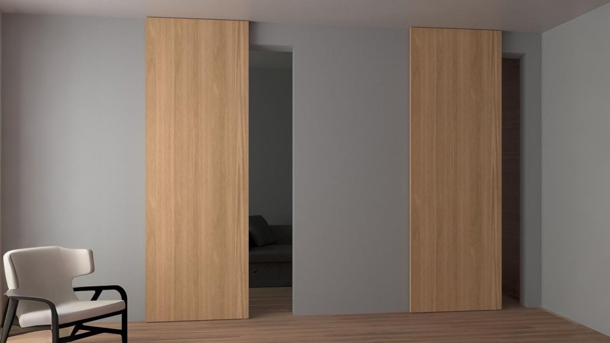 Pair of wood grain ghost doors for modern interiors