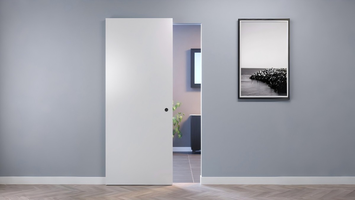 Flush white ghost door in a minimalist room