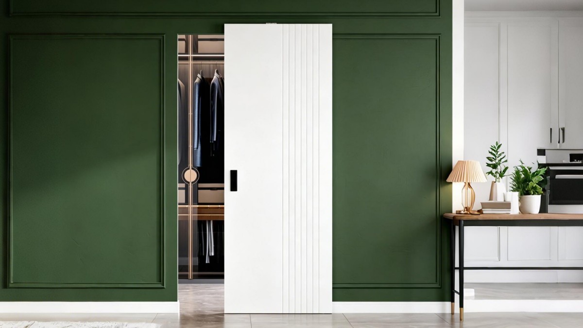 Grooved white ghost door with concealed sliding system