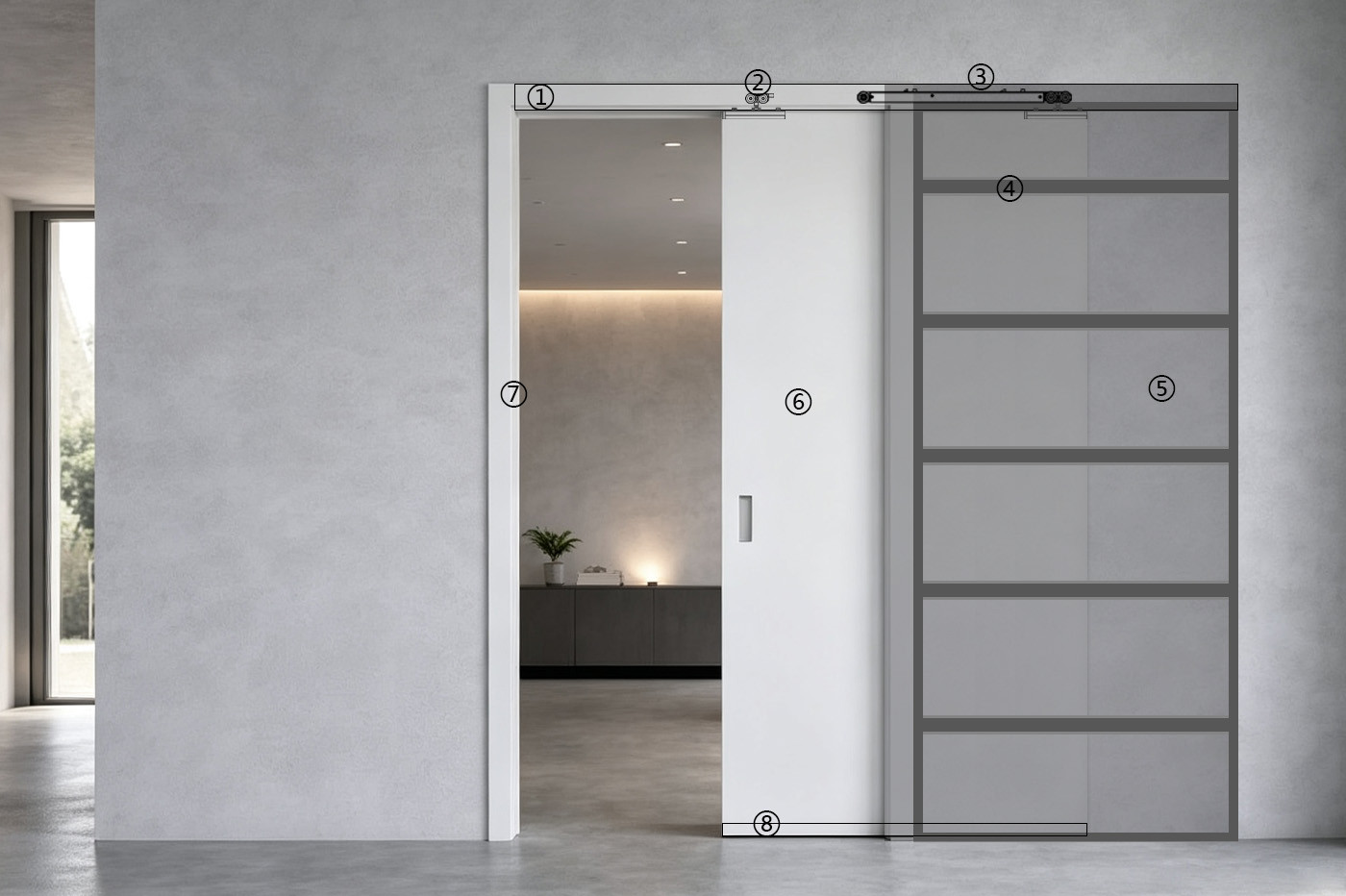 Cutaway diagram showing the main components of a pocket door system