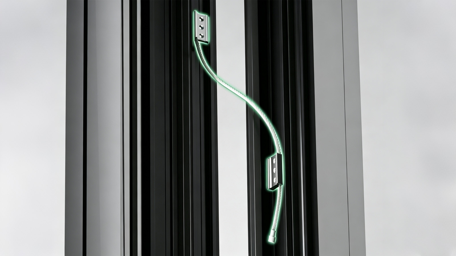 Multi-strand stainless-steel anti-fall safety rope installed inside an aluminum window frame
