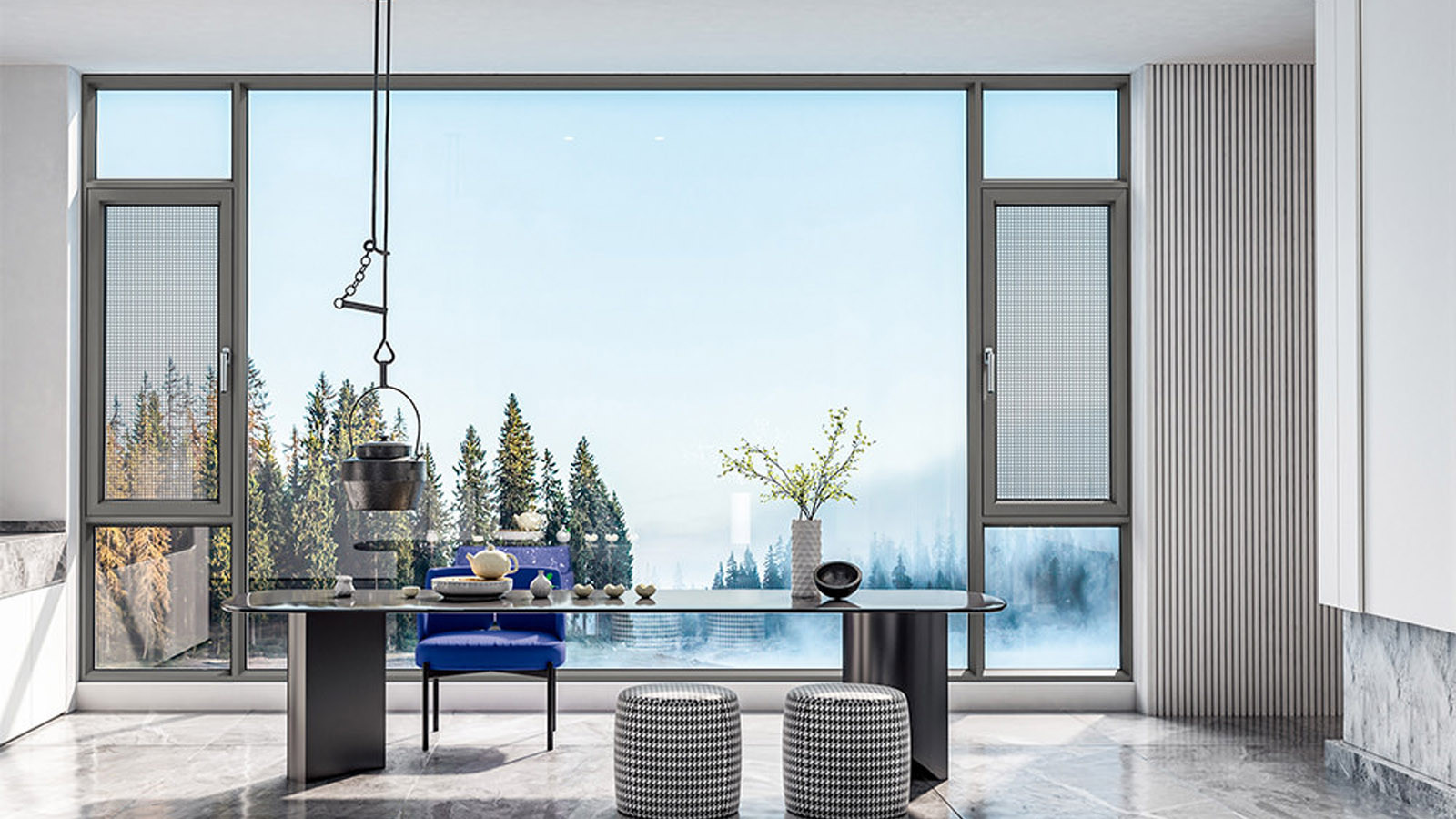 BC-110 symmetrical window wall with screened casement vents in a dining interior