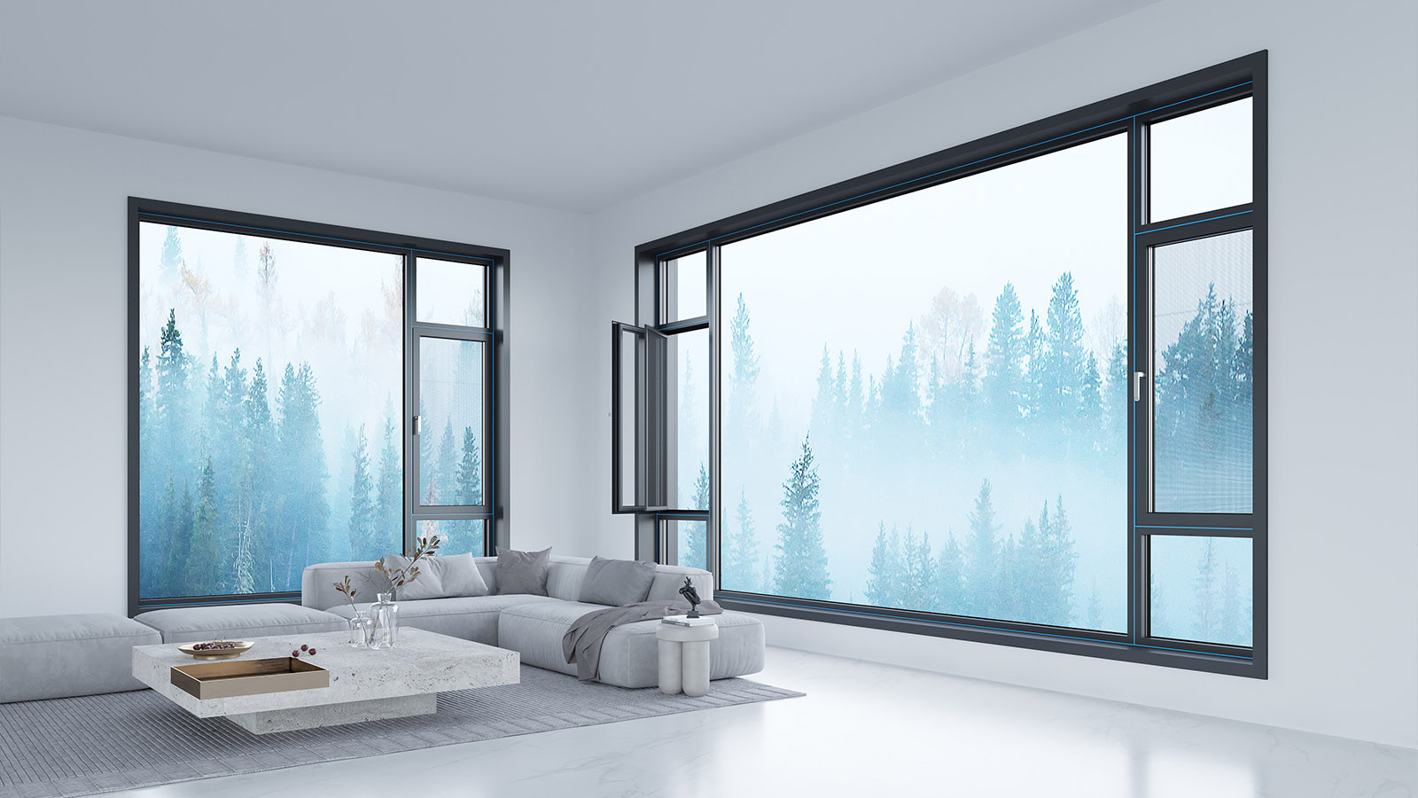 BC-110 large-format architectural window installation in a modern living room