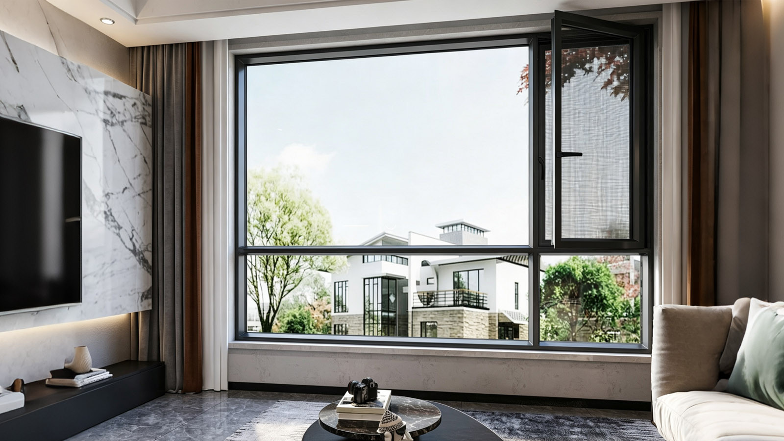 BC-110 flush thermal-break aluminum window installed in a modern living room