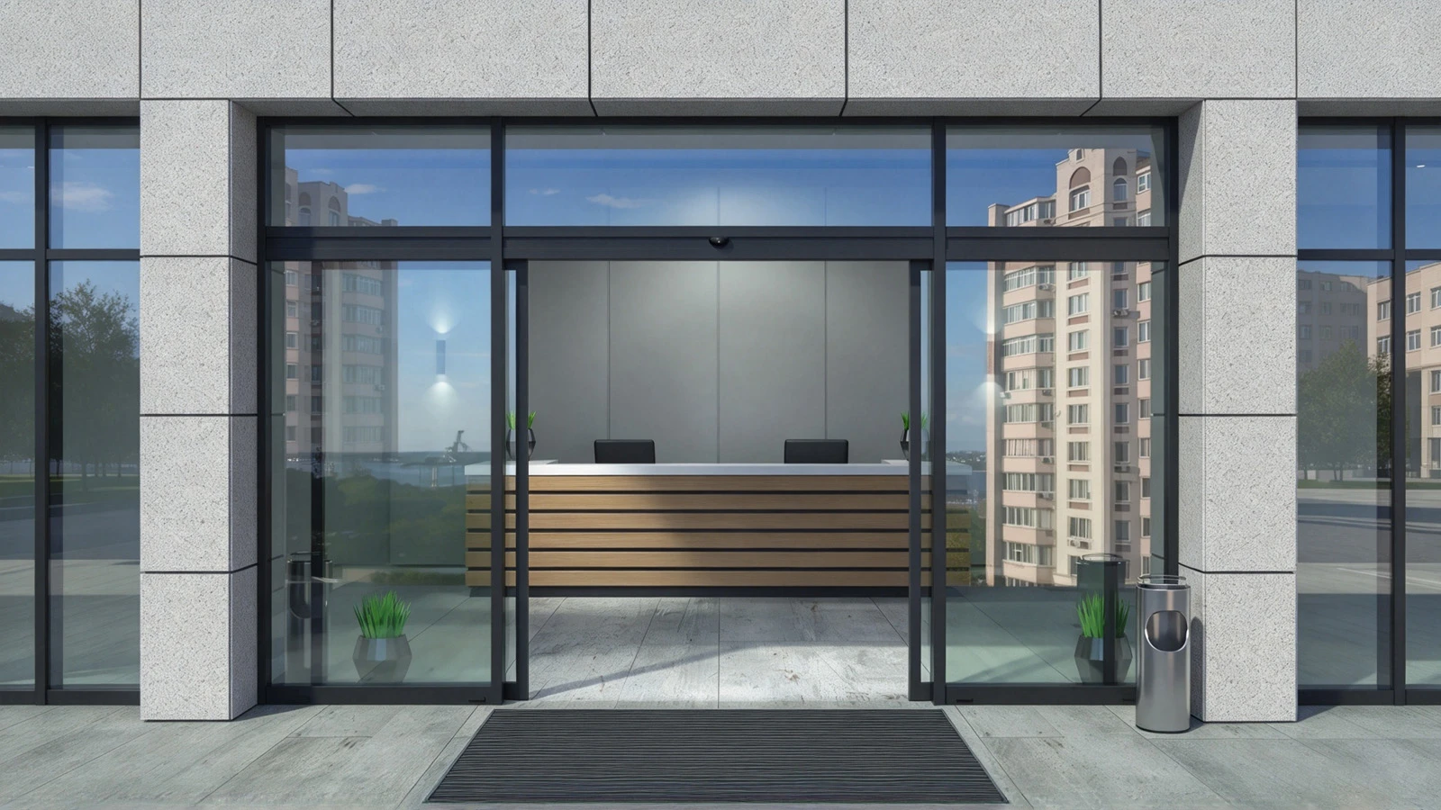 BC-S103/120 slim commercial sliding door in an architectural setting