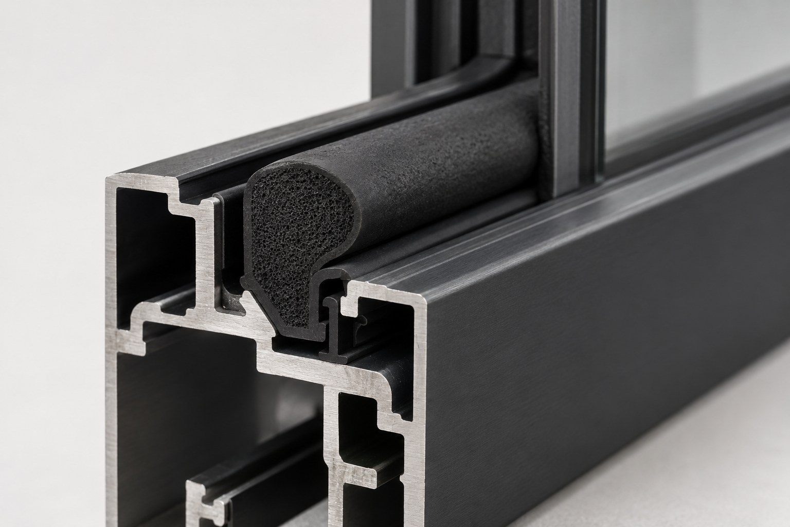 Illustrative EPDM foam sealing gasket in an aluminum window section