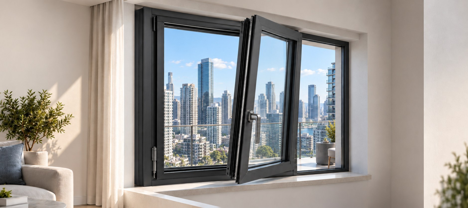 Urban skyline scene with the same installed window