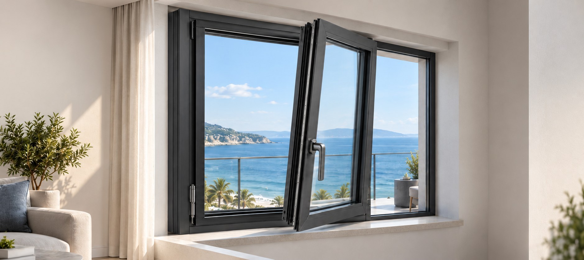 Installed inward-opening window overlooking a coastal balcony and sea