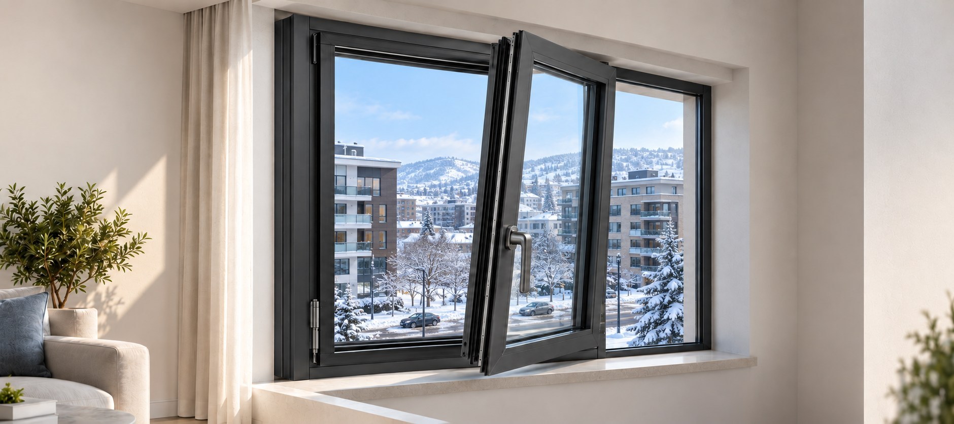 Snowy street-facing scene with the same installed window