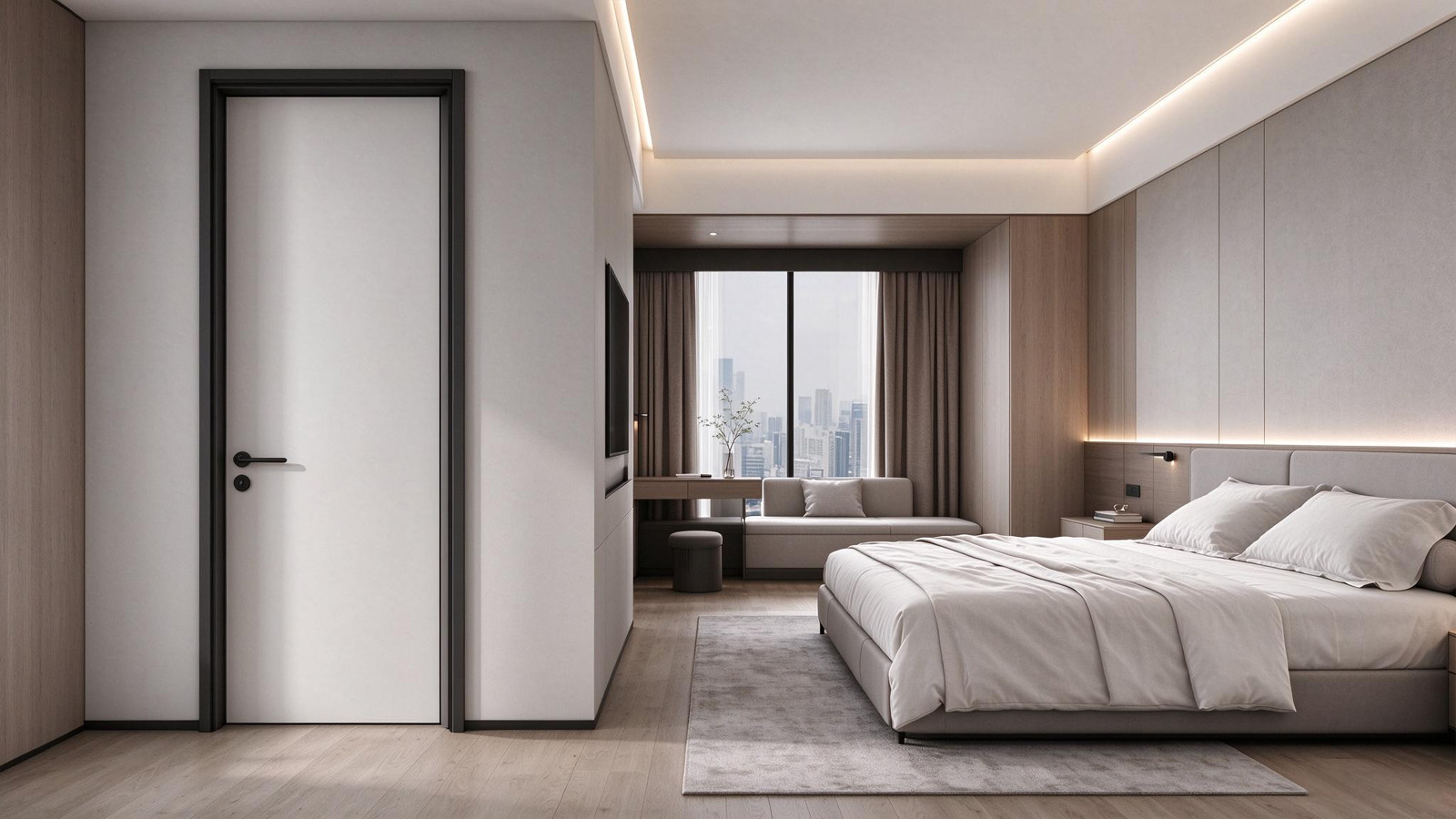 Porte battante en aluminium et bois pour chambre d'hôtel et chambre principale